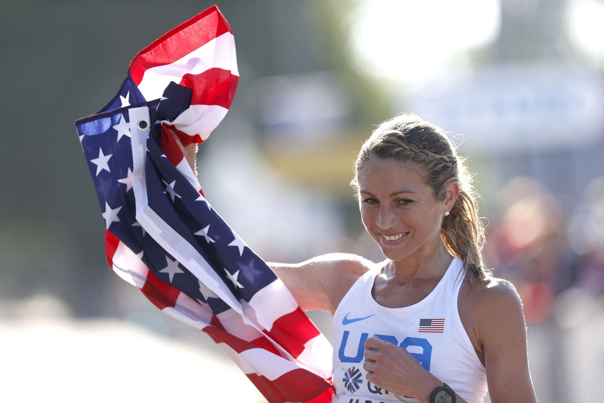 Sara Hall of Team United States reacts after competing in the Women&#039;s Marathon at the 2022 World Athletics Championships in Eugene, Oregon.