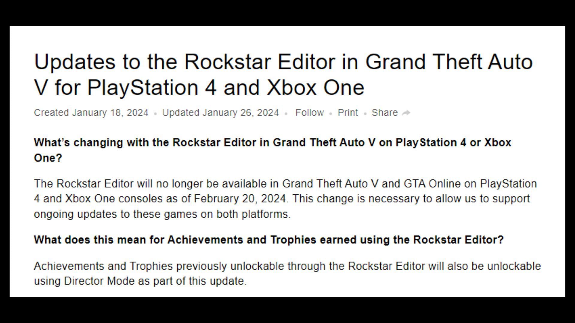 Rockstar Editor&#039;s removal was announced in January 2024 (Image via Rockstar Games)