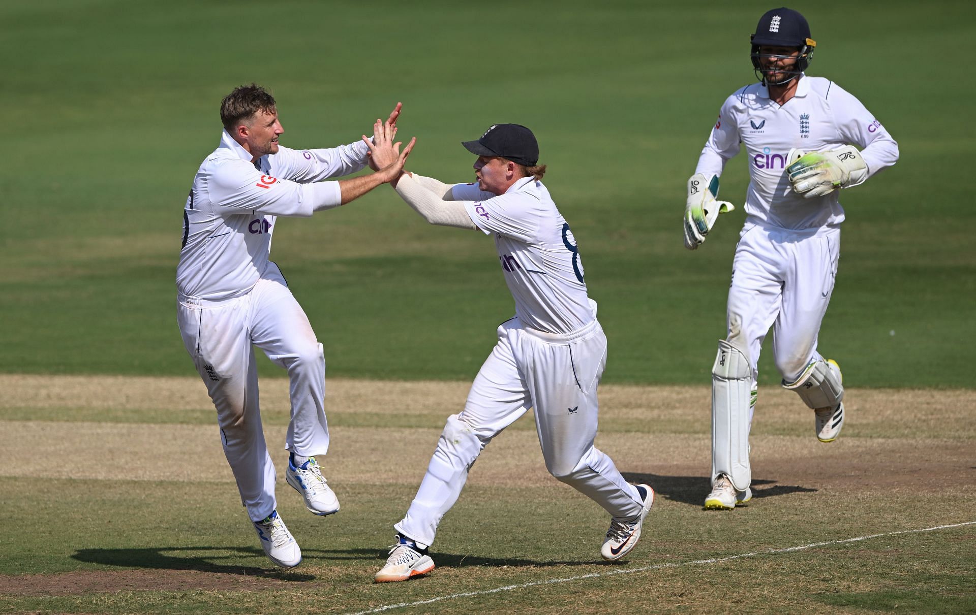 IJoe Root celebrates picking a wicket during the opening Test in Hyderabad.