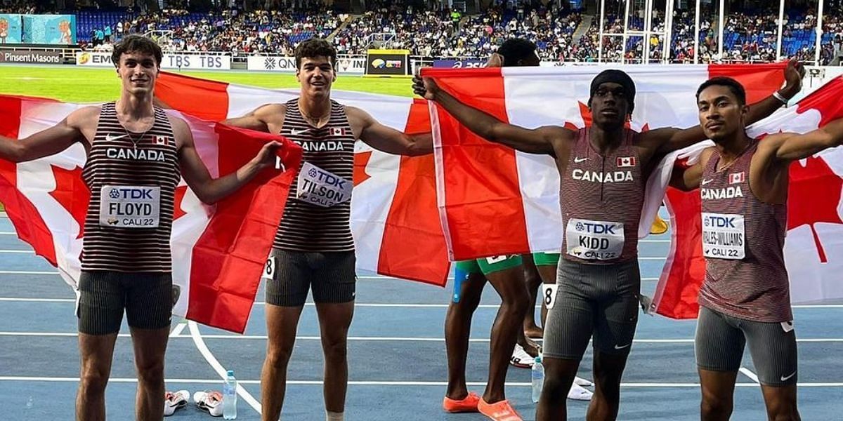 Christopher Morales Williams (right) with other members of Canada&#039;s 4X400m relay team at the World U20 Championships 2022 (Image via Instagram)