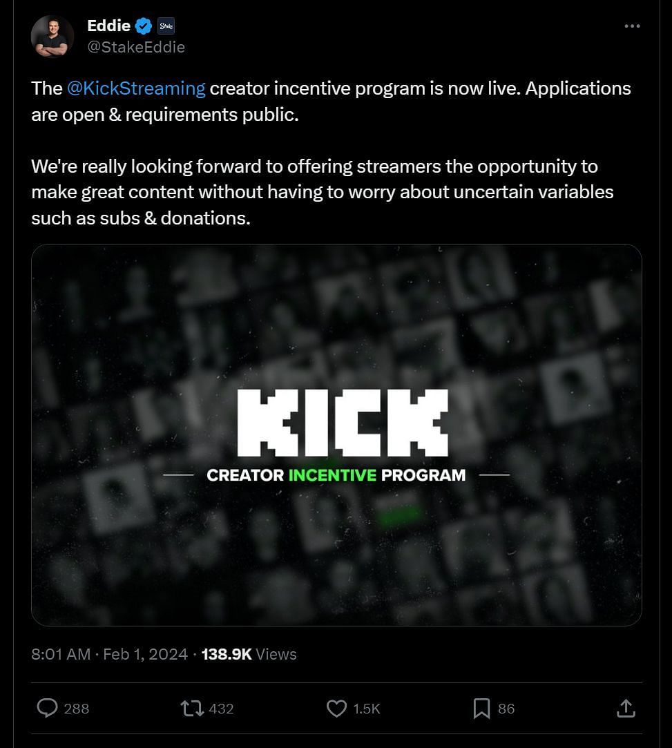 Ed Craven&#039;s tweet in which he officially announced the launch of the Creator Incentive Program (Image via @StakeEddie/X)