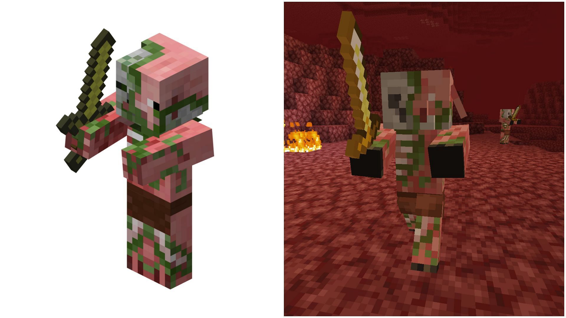 Old vs new zombified piglin model and texture (Collage via Sportskeeda)