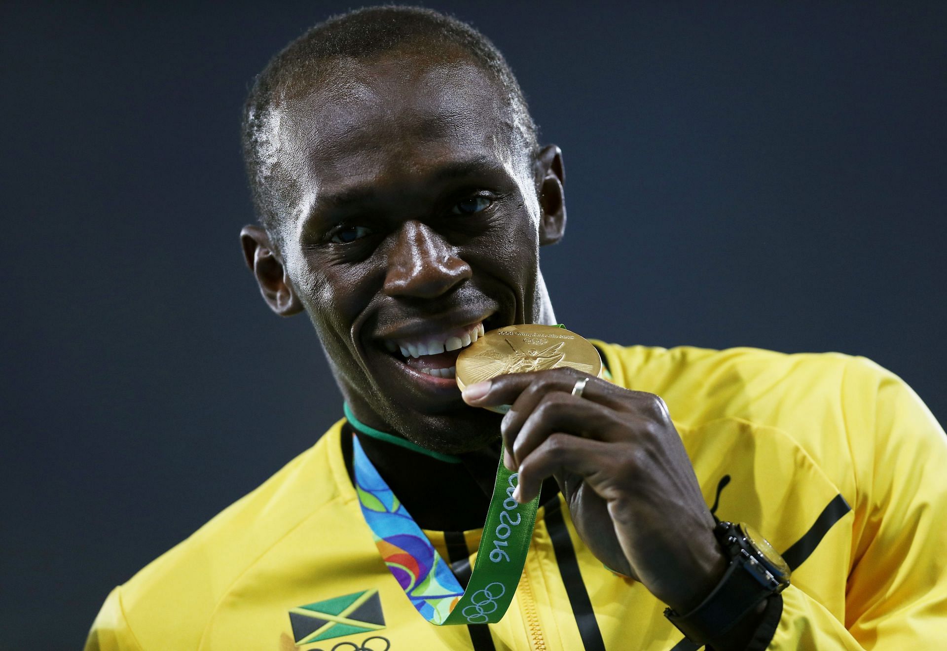Usain Bolt of Jamaica stands on the podium during the medal ceremony for the Men&#039;s 4 x 100-meter Relay at the 2016 Olympic Games in Rio de Janeiro, Brazil.