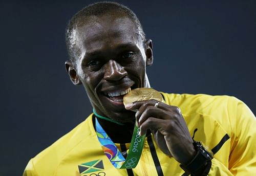 Usain Bolt of Jamaica stands on the podium during the medal ceremony for the Men's 4 x 100-meter Relay at the 2016 Olympic Games in Rio de Janeiro, Brazil.