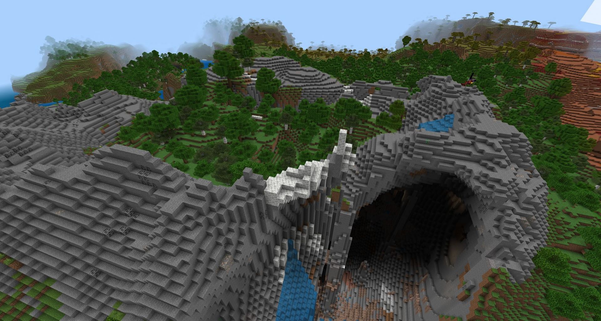 The top of this seed&#039;s spawn mountain range (Image via Mojang)