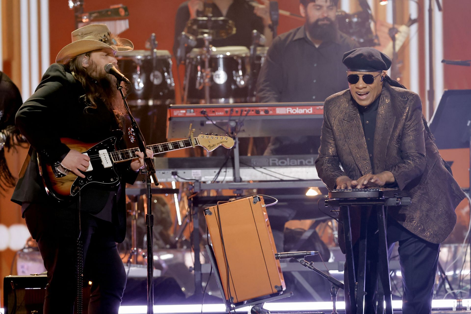 (L-R) Chris Stapleton and Stevie Wonder perform onstage during the Grammy Awards at Crypto.com Arena in Los Angeles, California. (Photo by Kevin Winter/Getty Images)