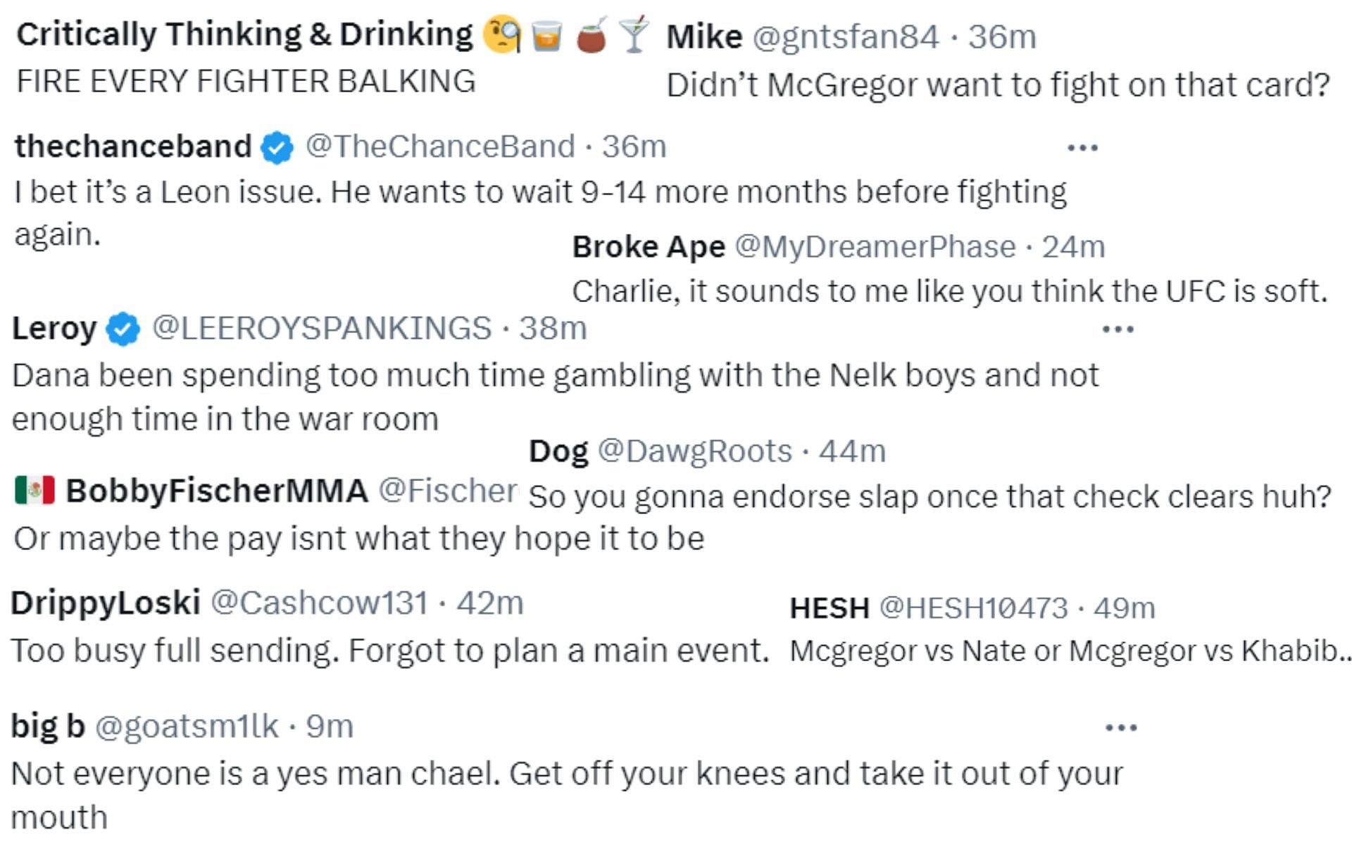 Screenshot of fan reactions to Chael Sonnen&#039;s post on X