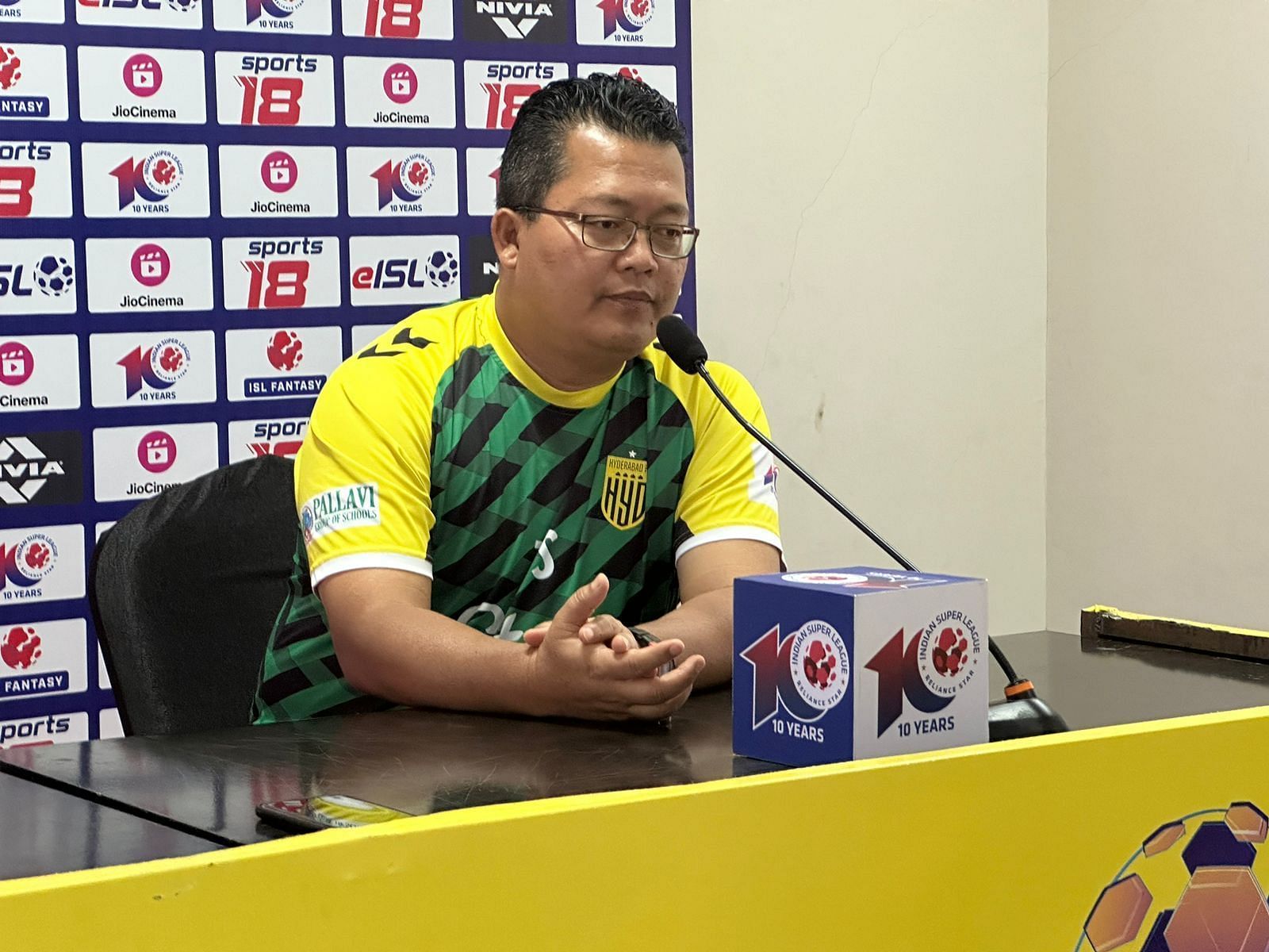 Hyderabad FC head coach Thangboi Singto addressing the media. 