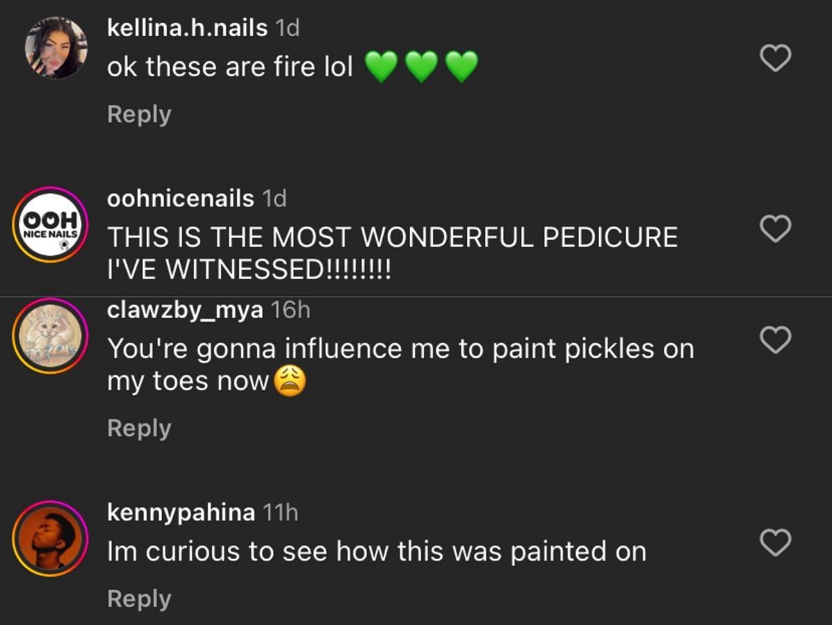 Fans compliment Benny&#039;s pickle pedicure effort for Selena (Image via Instagram/ @nailedbytav)