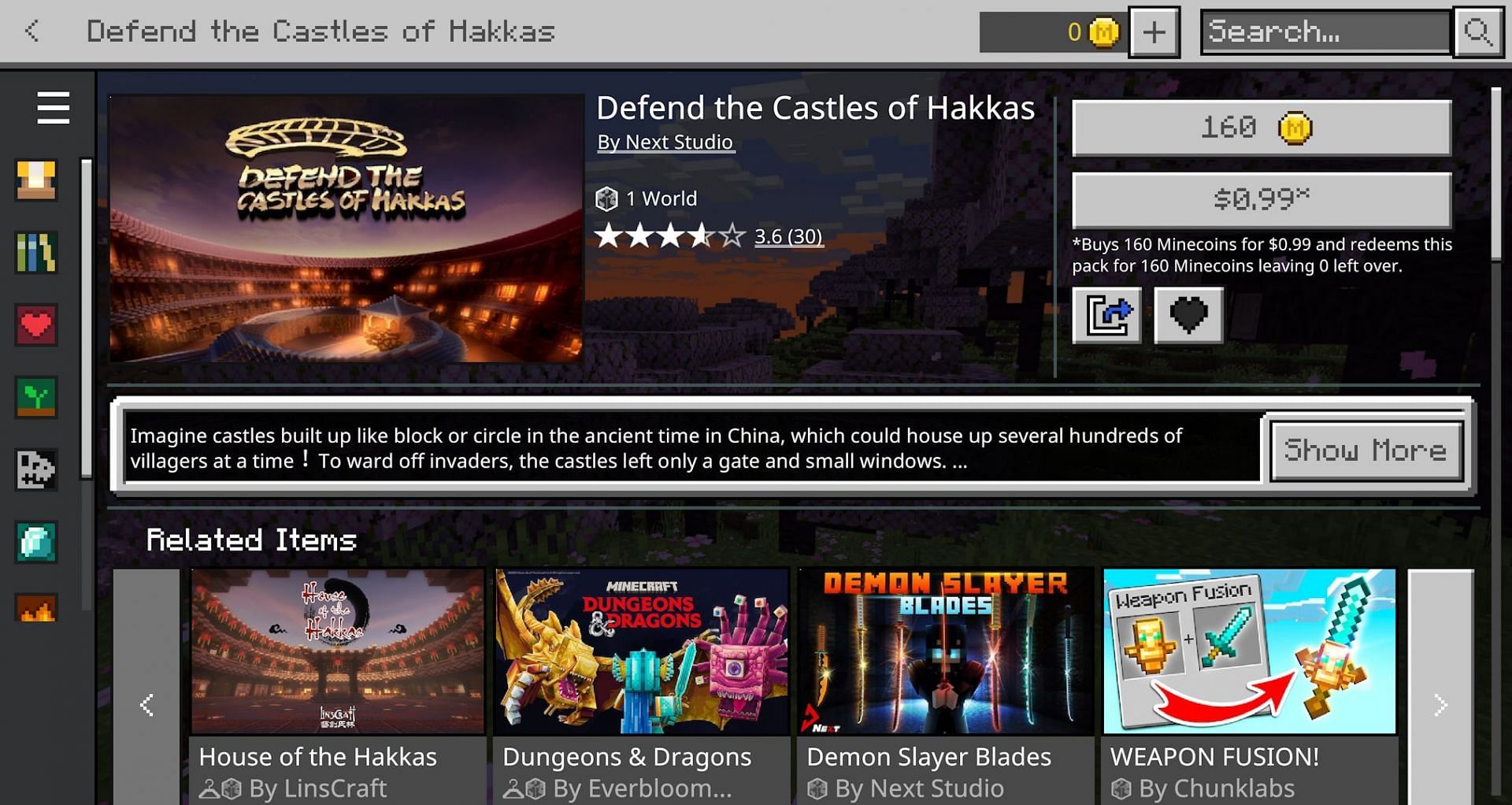 The marketplace page for Defense the Castles of Hakkas (Image via Mojang)