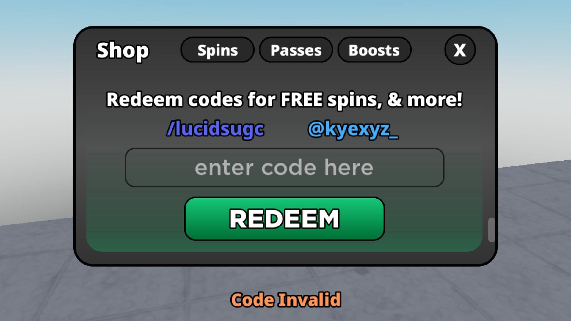Code Invalid error message in Spin 4 Free UGC (Roblox || Sportskeeda)