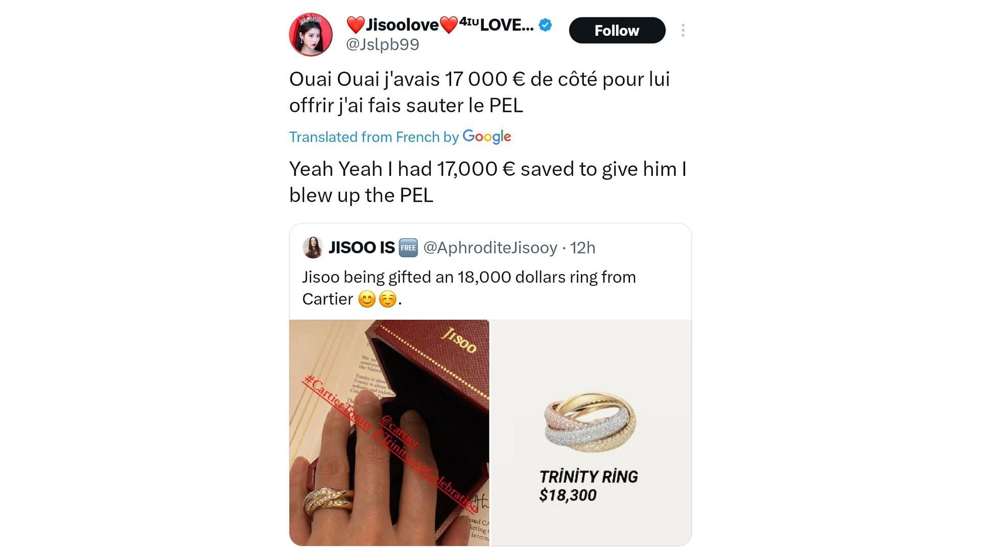 Fans react as BLACKPINK&#039;s Jisoo receives $18K worth of Trinity ring from Cartier (Image Via X/@Jslpb99)