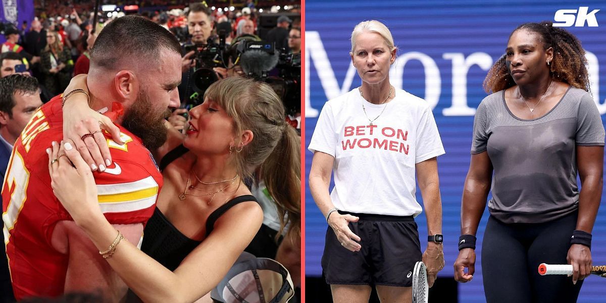 Travis Kelce and Taylor Swift (L), Rennae Stubbs and Serena Williams (R)