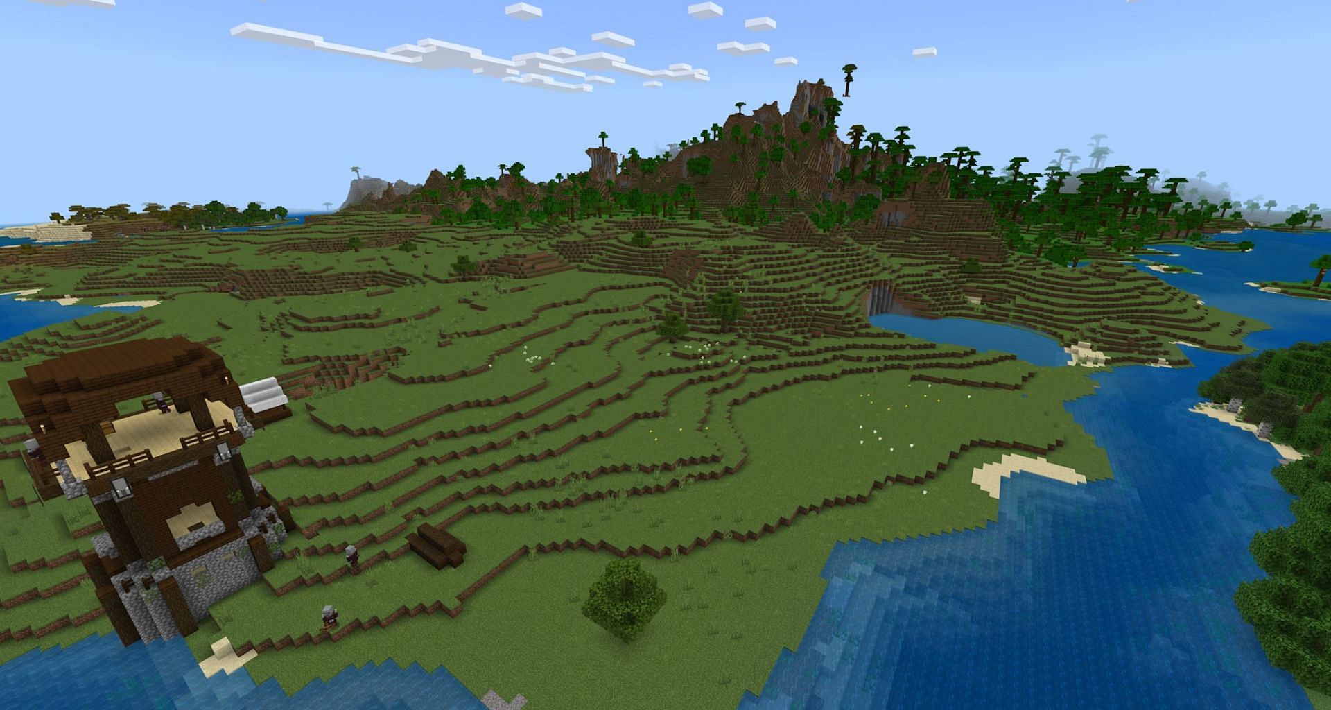 The pillager outpost near spawn, with spawn jungle in the background (Image via Mojang)