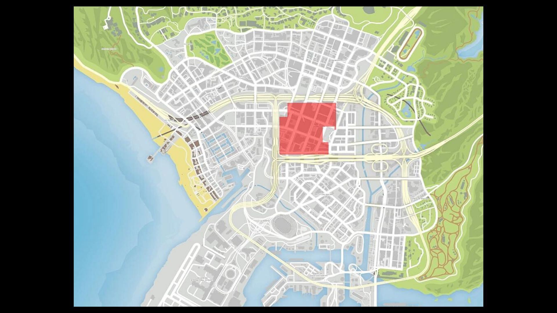 The area highlighted in red depicts Pillbox Hill in Los Santos (Image via GTA Wiki)