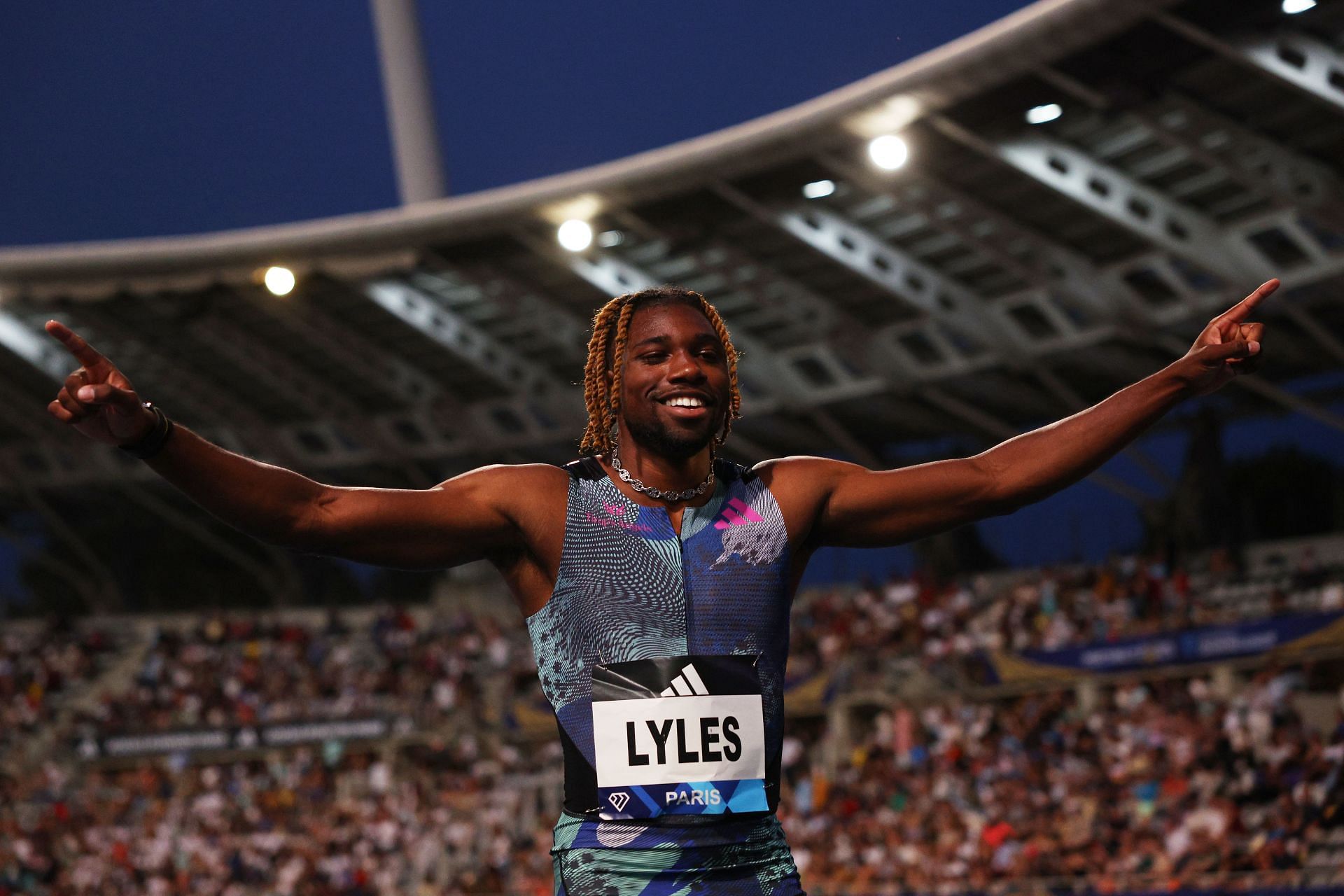 Noah Lyles of Team United States celebrates after winning the Men's 100 Metres final during Meeting de Paris, part of the 2023 Diamond League series at Stade Charlety on June 09, 2023 in Paris, France. (Photo by Dean Mouhtaropoulos/Getty Images)