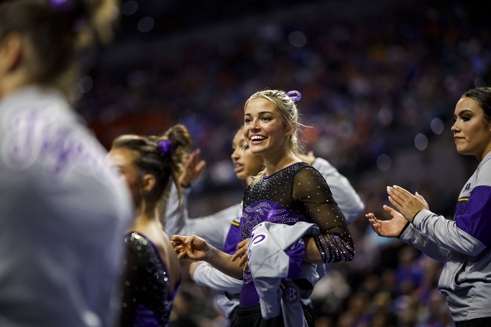 Olivia Dunne of the LSU Tigers looks on during a meet against the Florida Gators at the Stephen C. O&#039;Connell Center on February 23, 2024, in Gainesville, Florida.