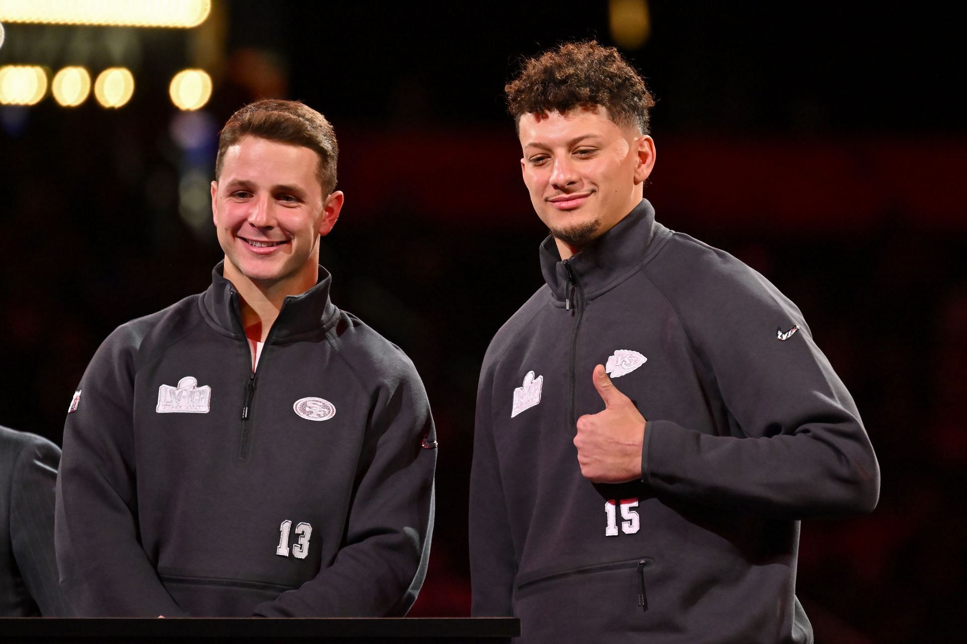 Brock Purdy, left, Patrick Mahomes, right during Super Bowl LVIII Opening Night