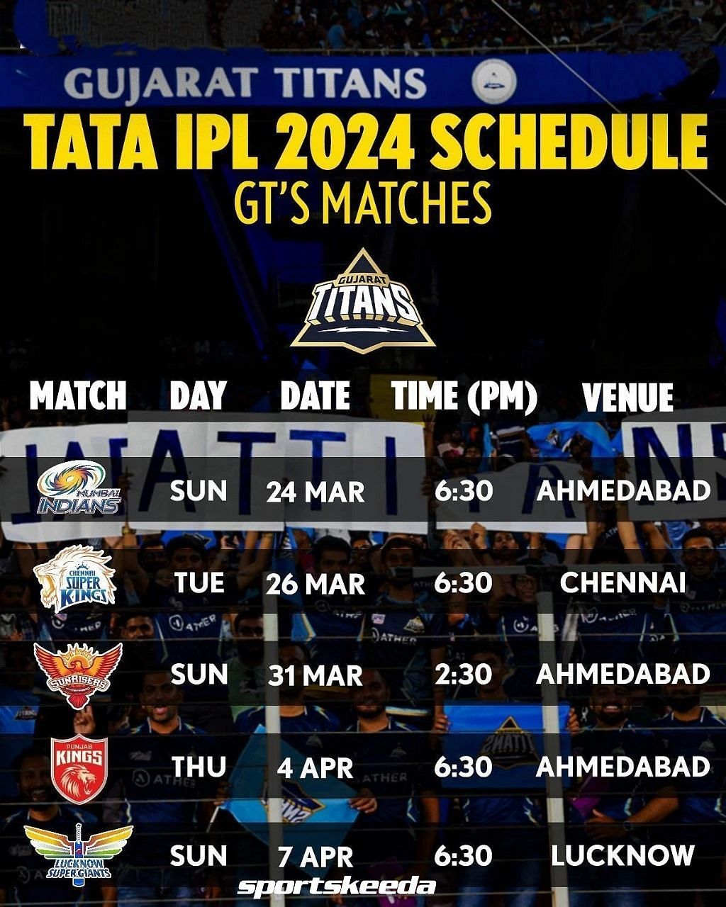 Gujarat Titans Schedule IPL 2024