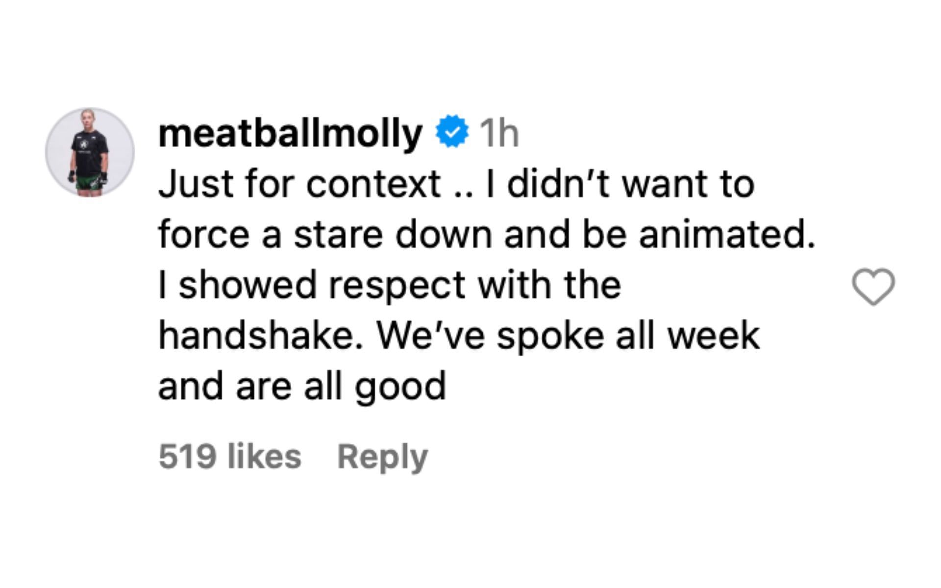 Molly McCann responding to an Instagram video of her rejecting a face-off with Diana Belbita at the UFC Vegas 85 weigh-ins [via @mmajunkie on Instagram]