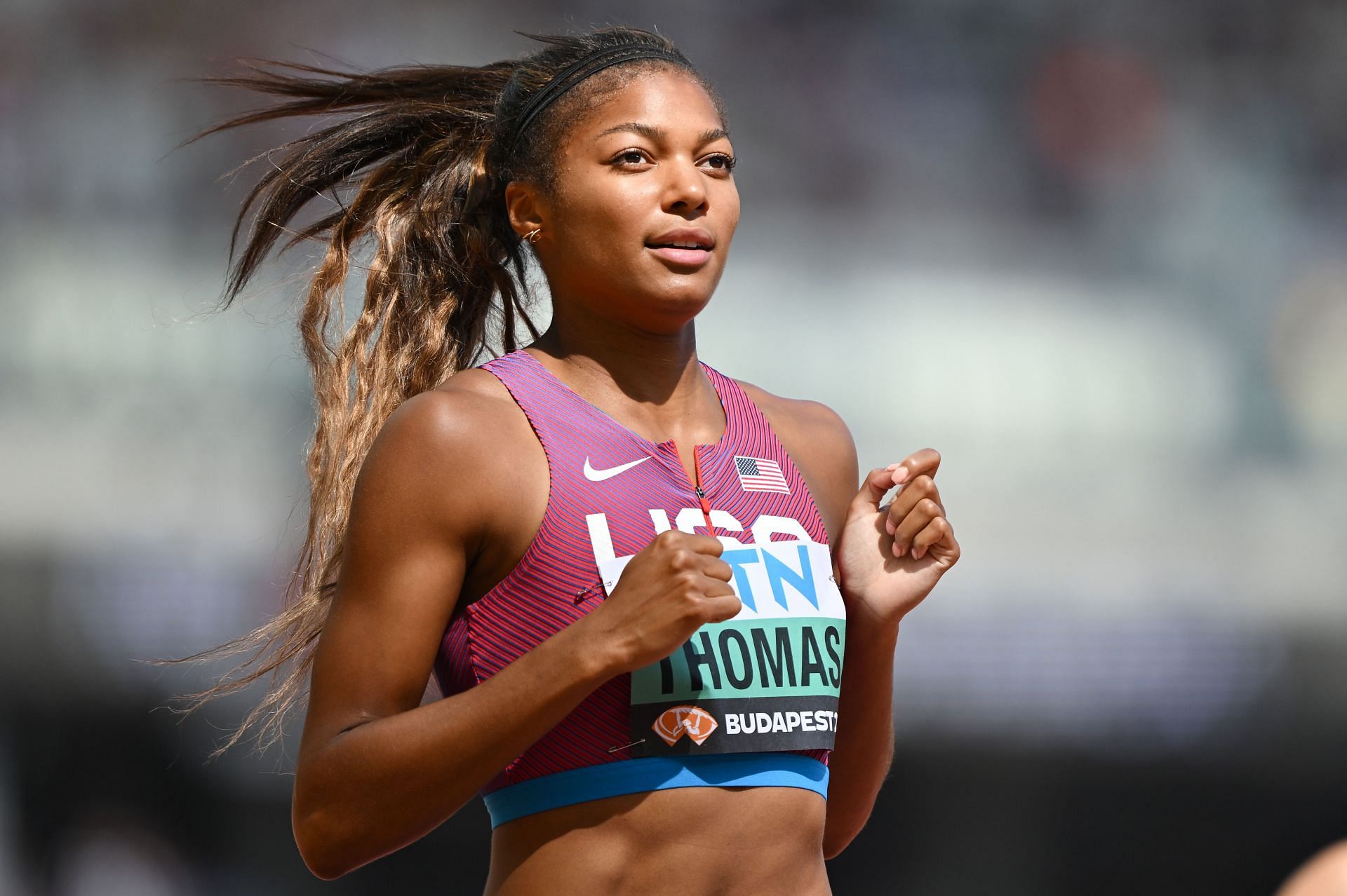 Gabby Thomas competes in the Women's 200m heats during the World Athletics Championships Budapest 2023. (Photo by Hannah Peters/Getty Images)