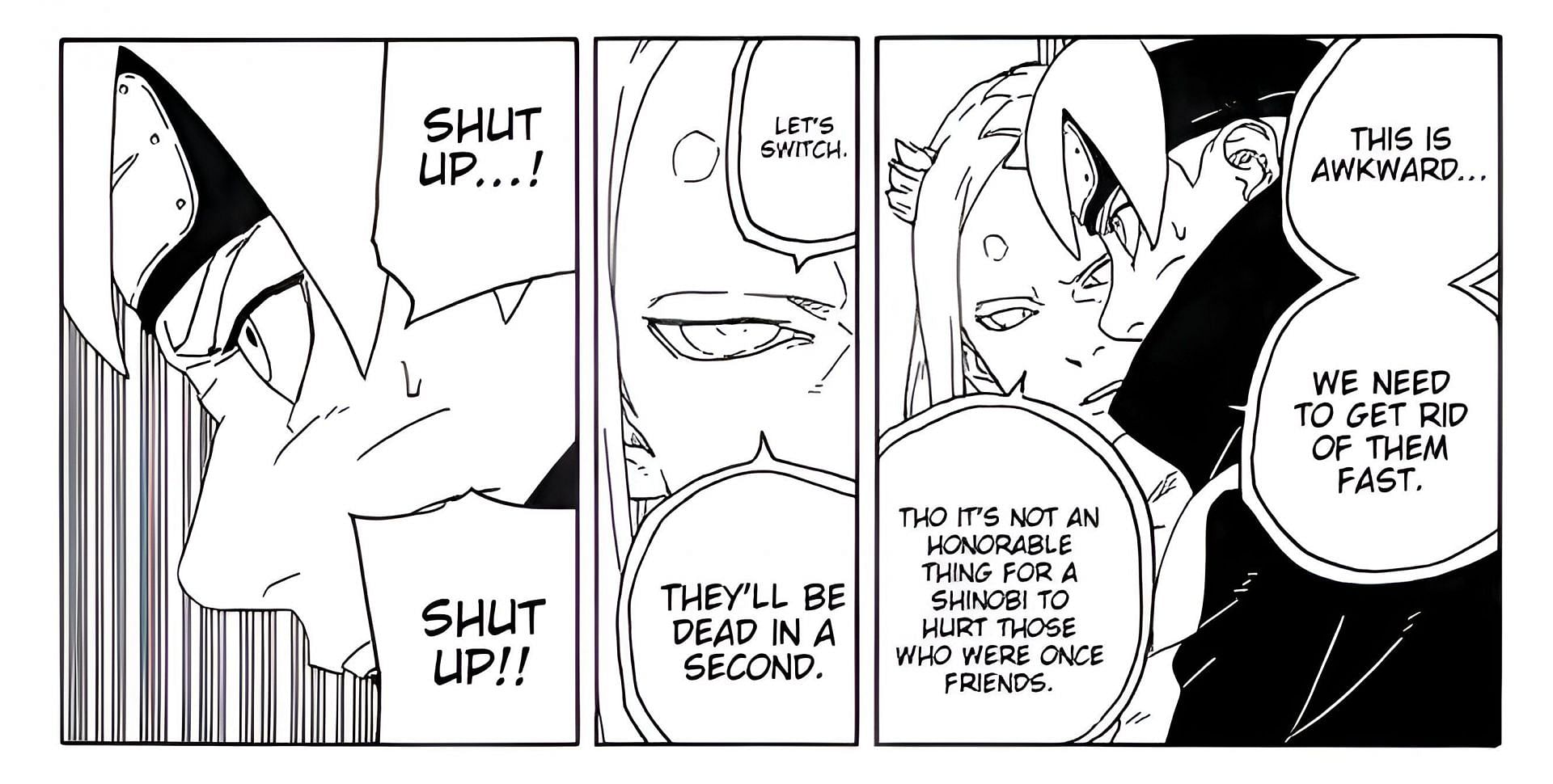 Momoshiki convincing Boruto to switch in the Boruto  manga (Image via Shueisha)