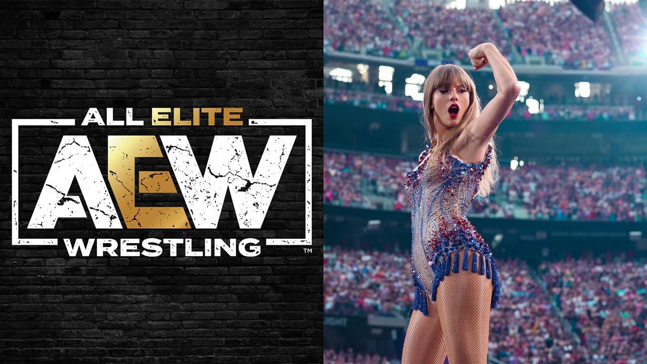 AEW logo (left) and Taylor Swift (right)