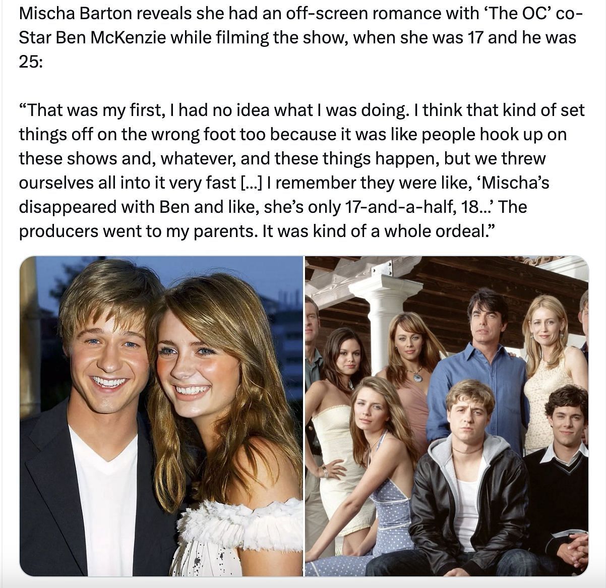 Social media users left shocked as The O.C. star revealed dating fellow co-star, Ben McKenzie when she was 17 years old. (Image via @PopBase/ X)
