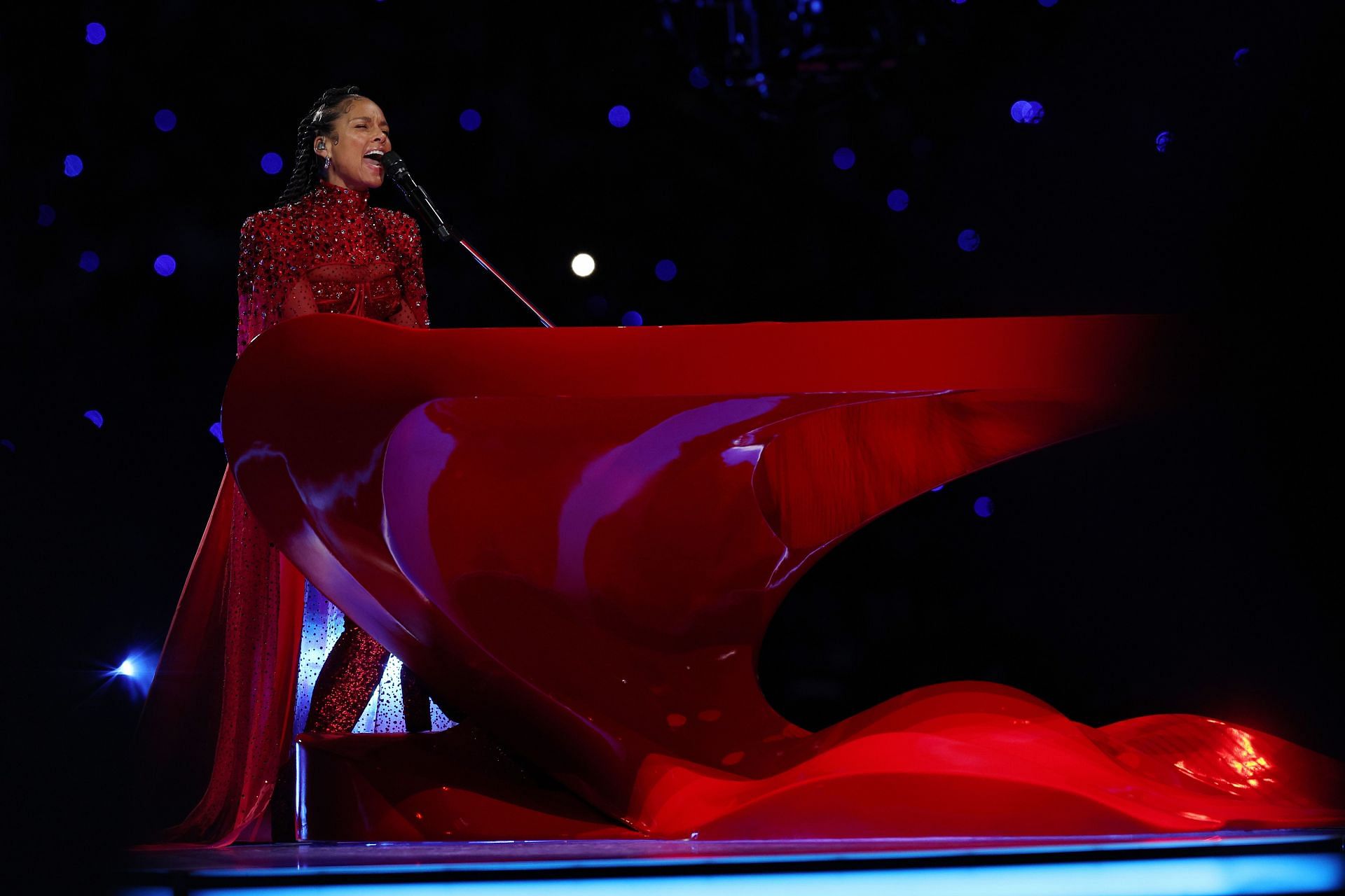 Alicia Keys performs onstage during the Apple Music Super Bowl LVIII Halftime Show at Allegiant Stadium on February 11, 2024 (Photo by Jamie Squire/Getty Images)