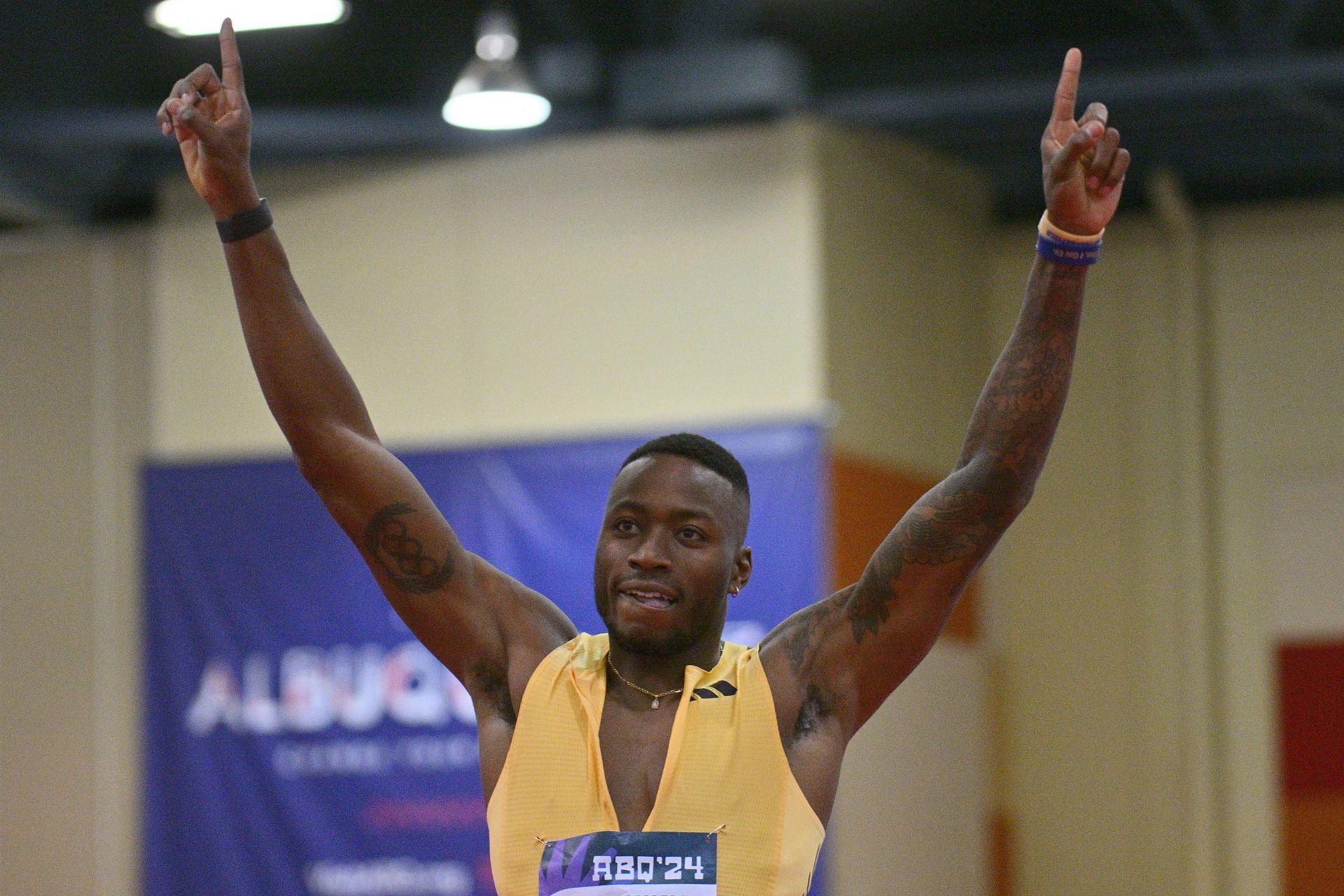 Grant Holloway celebrates after setting a world record in the first round of the Men&#039;s 60m Hurdles during the 2024 USATF Indoor Championships at the Albuquerque Convention Center in Albuquerque, New Mexico.