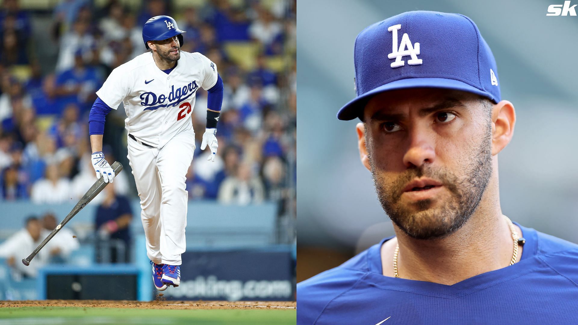 J.D. Martinez of the Los Angeles Dodgers looks on before Game Three of the Division Series at Chase Field against the Arizona Diamondbacks