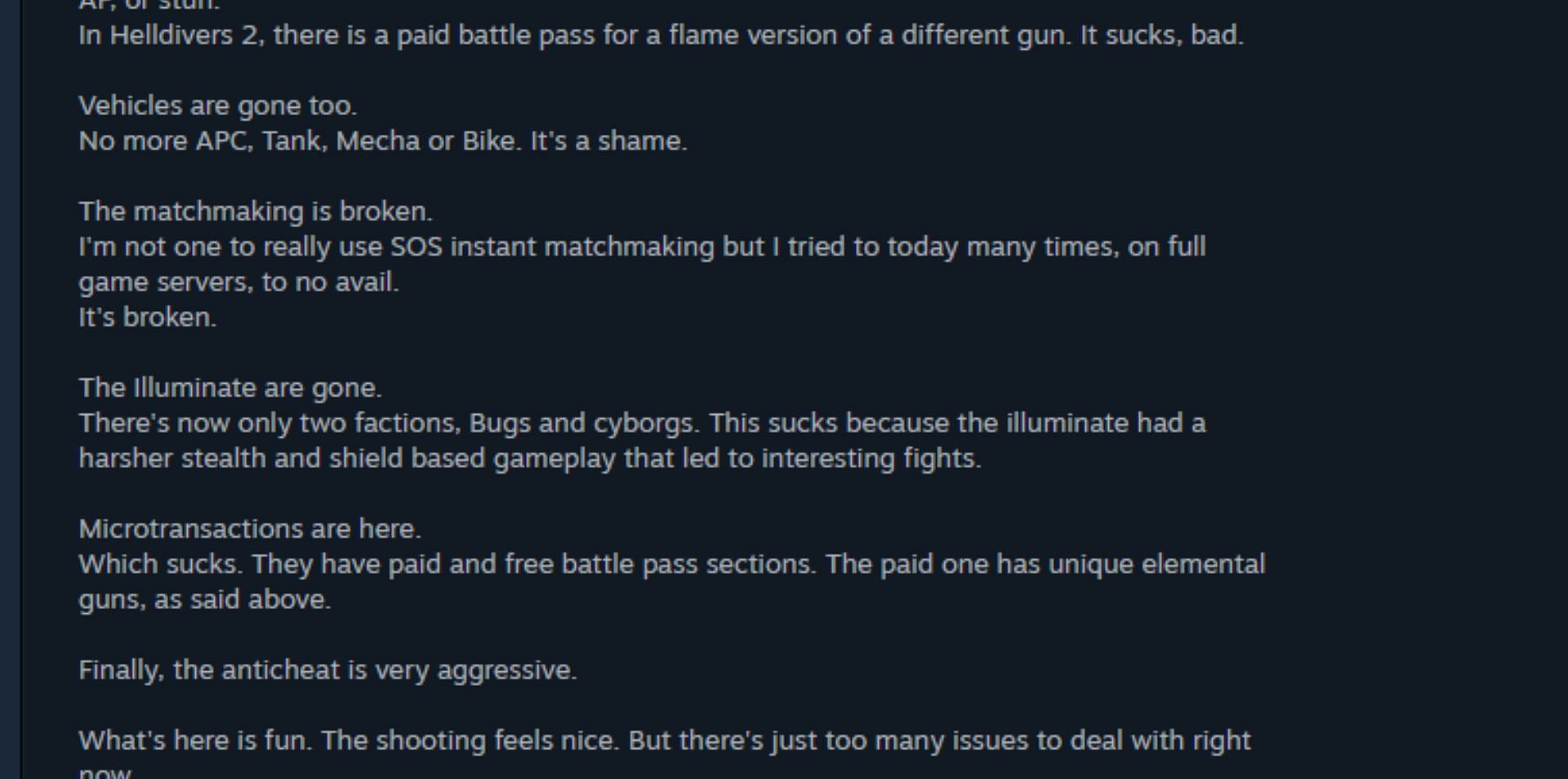 Another user has shared their disappointment over the lack of a few things (Image via Steam)