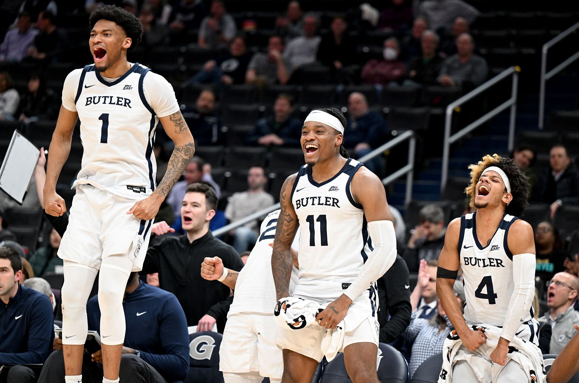 Jalen Thomas #1, Jahmyl Telfort #11 and DJ Davis #4 of the Butler Bulldogs