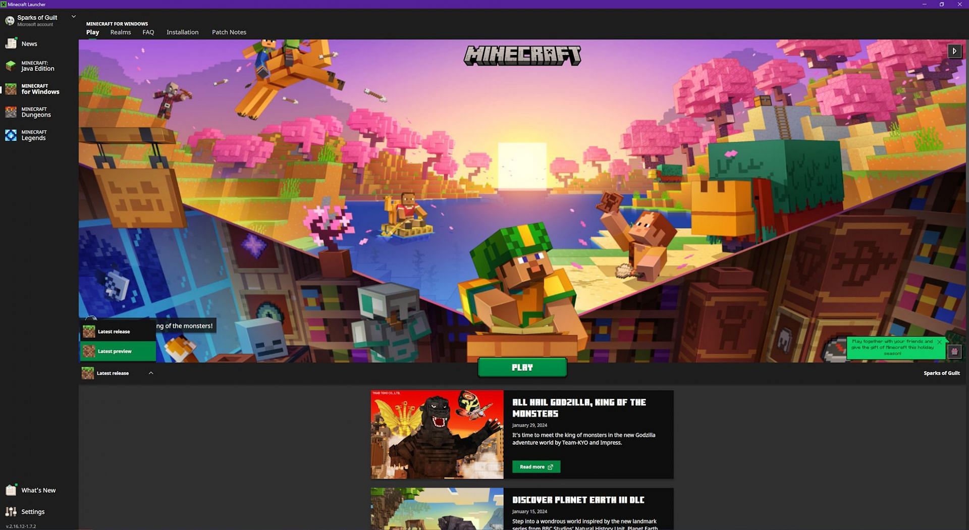 The menu where &quot;Latest preview&quot; can be selected (Image via Mojang)
