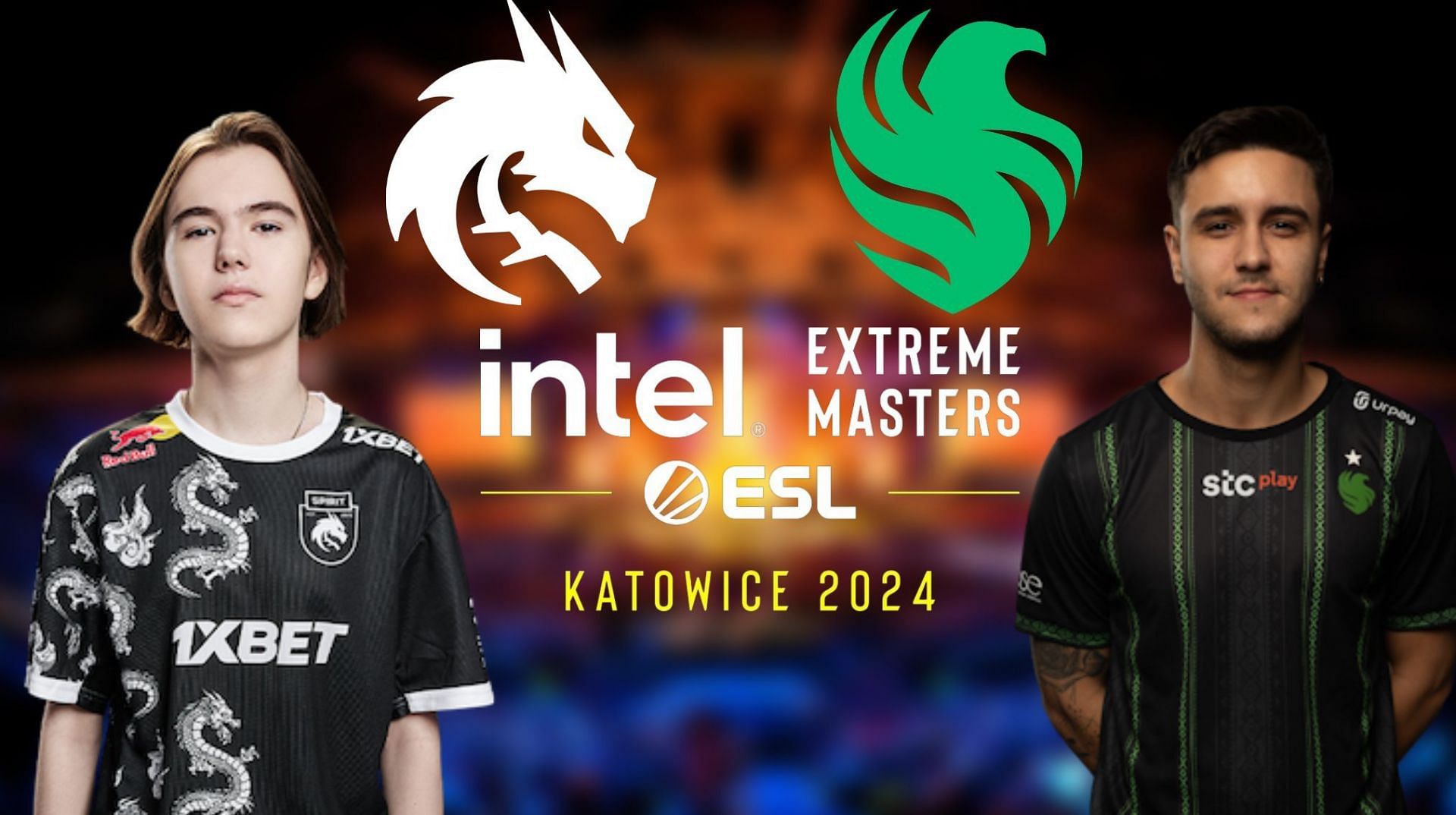 Team Spirit vs Team Falcons at IEM Katowice 2024 (Image via Sportskeeda || Assets via ESL, Liquipedia and HLTV)