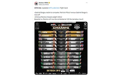 Tweet regarding updated PFL vs. Bellator card [Image courtesy: @BellatorMMA - X]