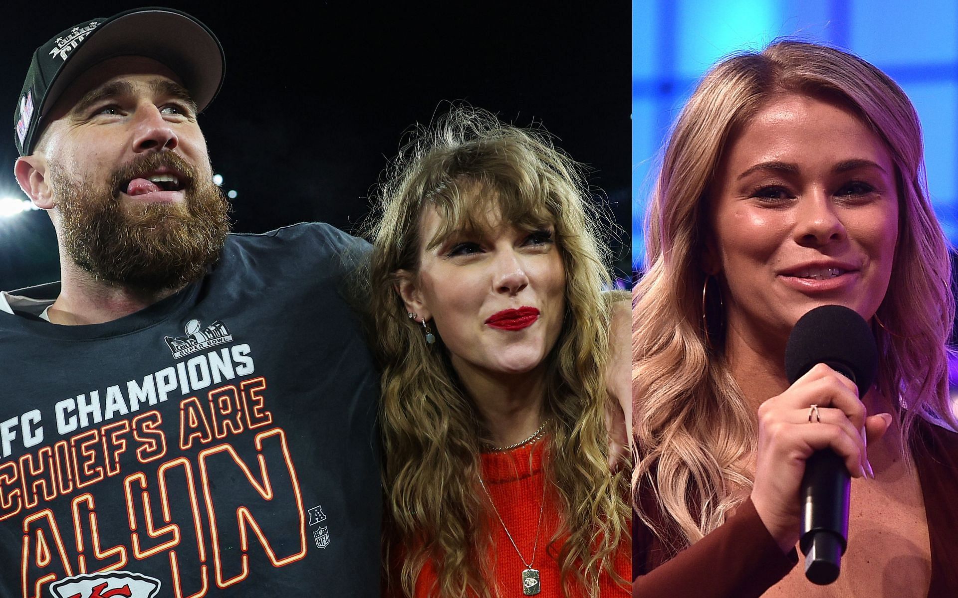 Travis Kelce and Taylor Swift (left) and Paige VanZant (right). [via Getty Images]