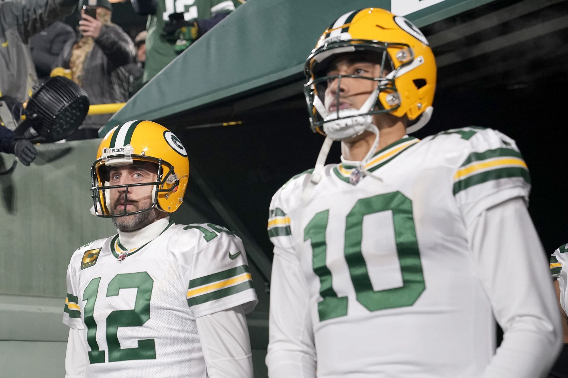 Aaron Rodgers, left, and Jordan Love, right during Tennessee Titans v Green Bay Packers