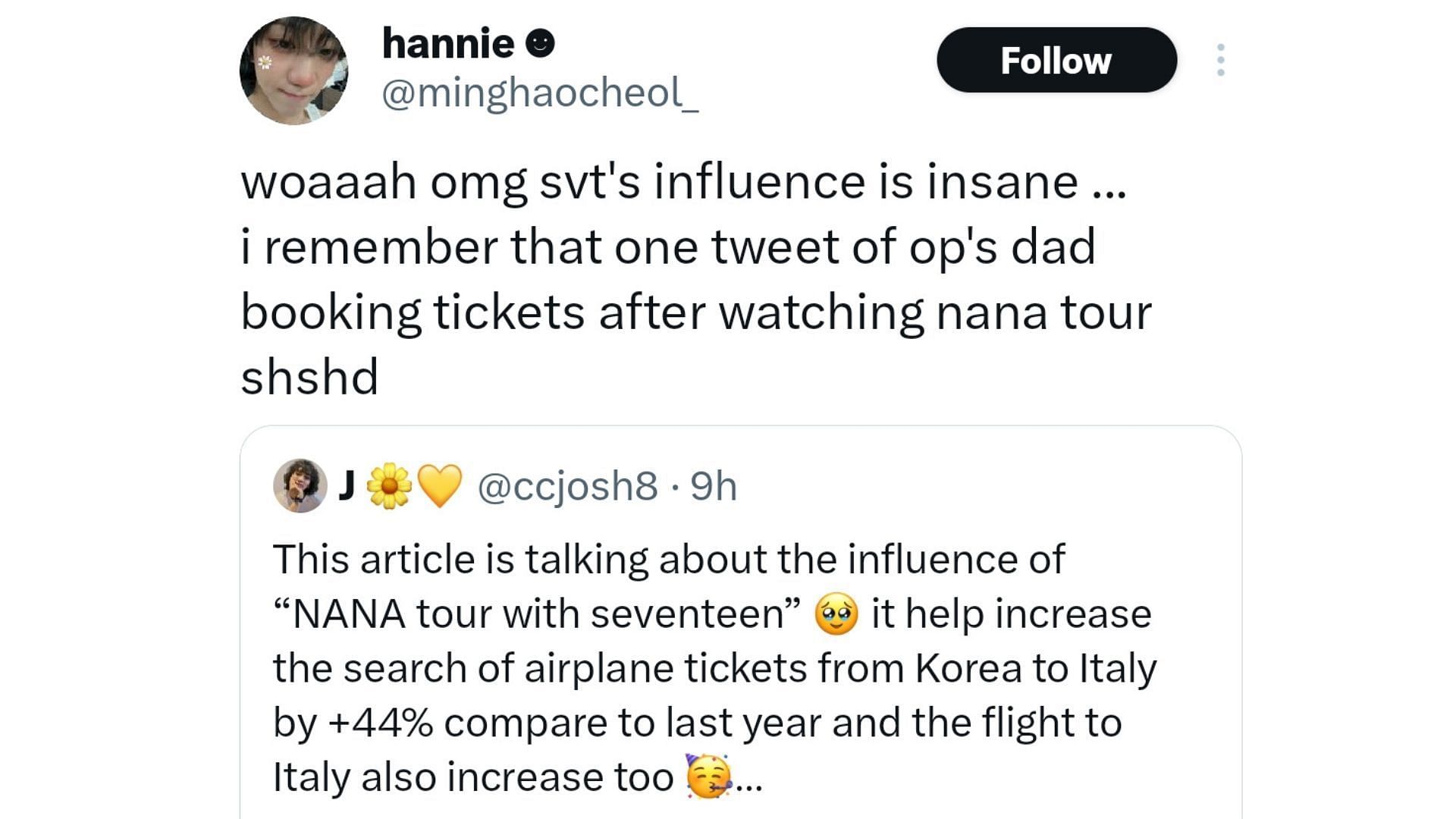 Fans react as NANA TOUR with SEVENTEEN increases flight ticket search from Korea to Italy (Image Via X/@minghaocheol_)