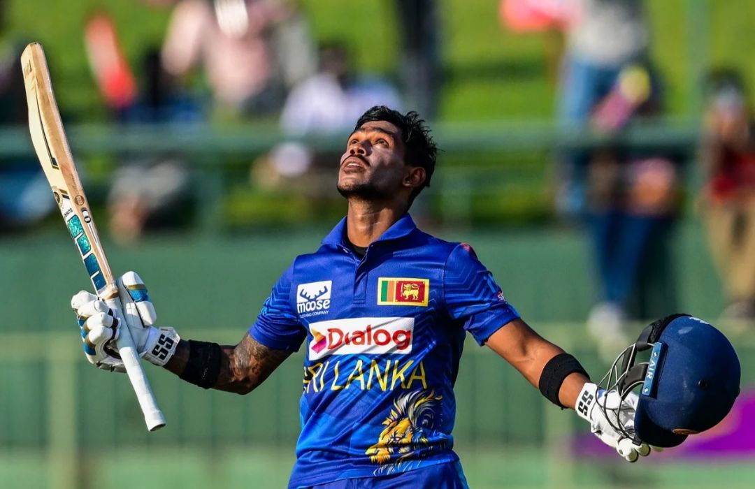 Pathum Nissanka celebrating his hundred vs Afghanistan 