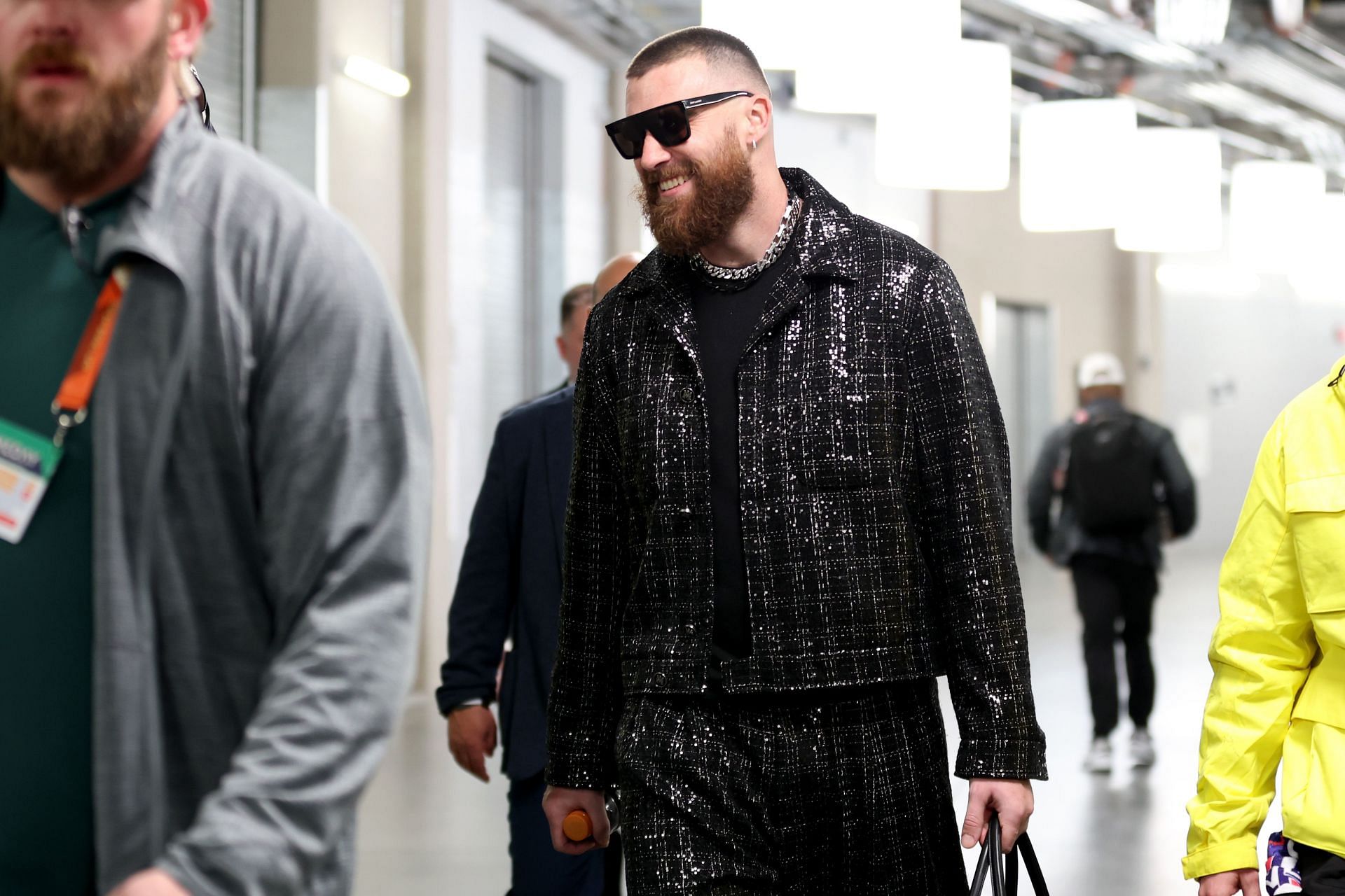 Travis Kelce heads to the Super Bowl celebration.