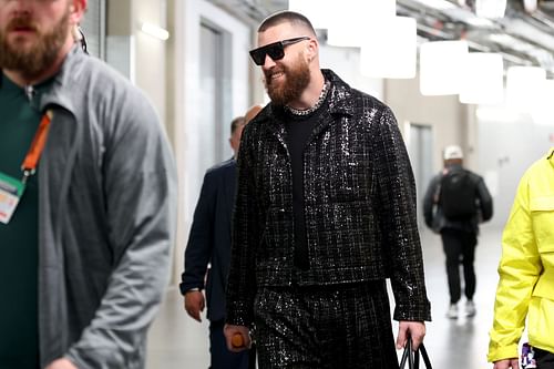 Travis Kelce heads to the Super Bowl celebration.