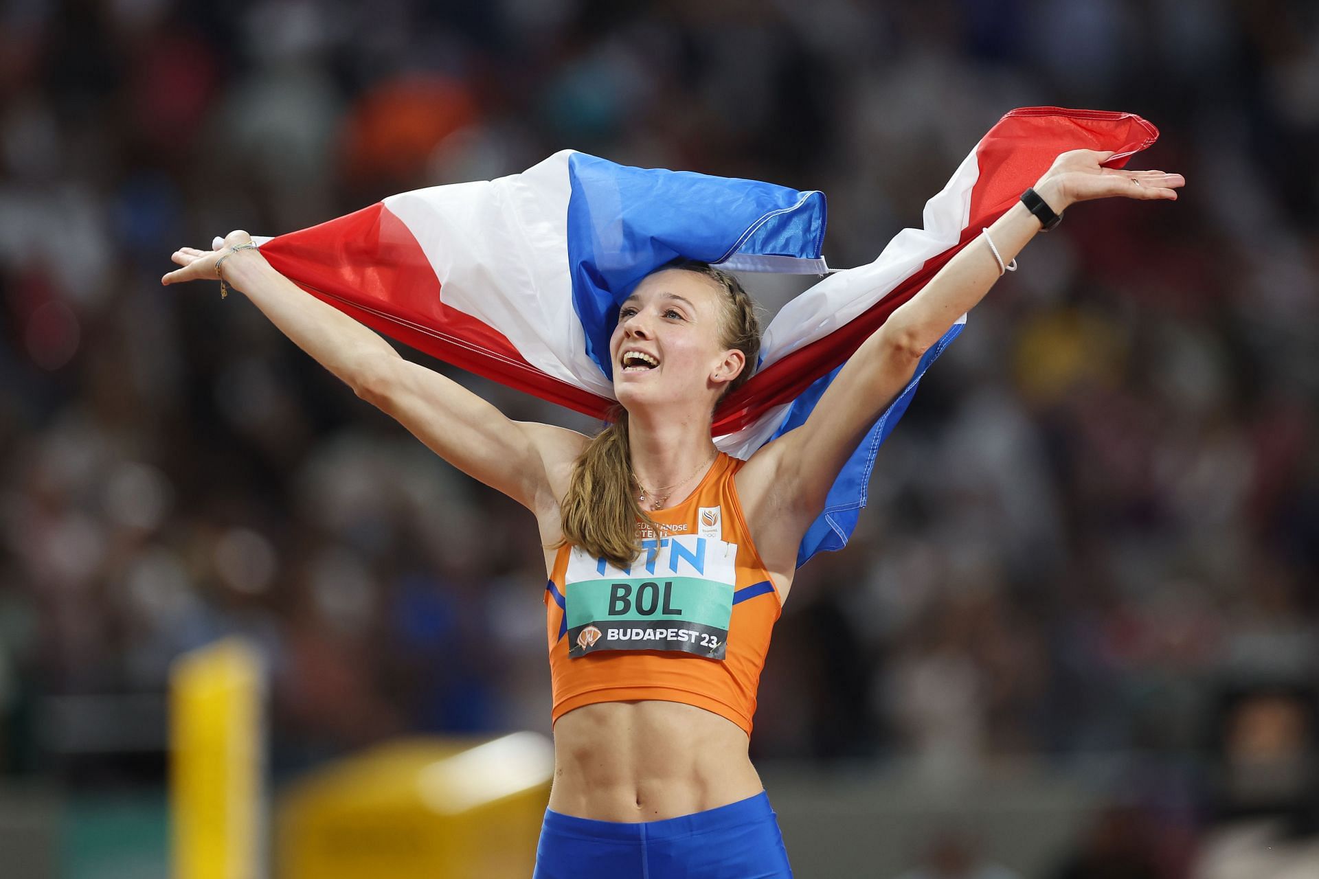 Femke Bol of Team Netherlands celebrates winning the Women's 400m Hurdles Final during the World Athletics Championships at the National Athletics Centre in Budapest, Hungary.