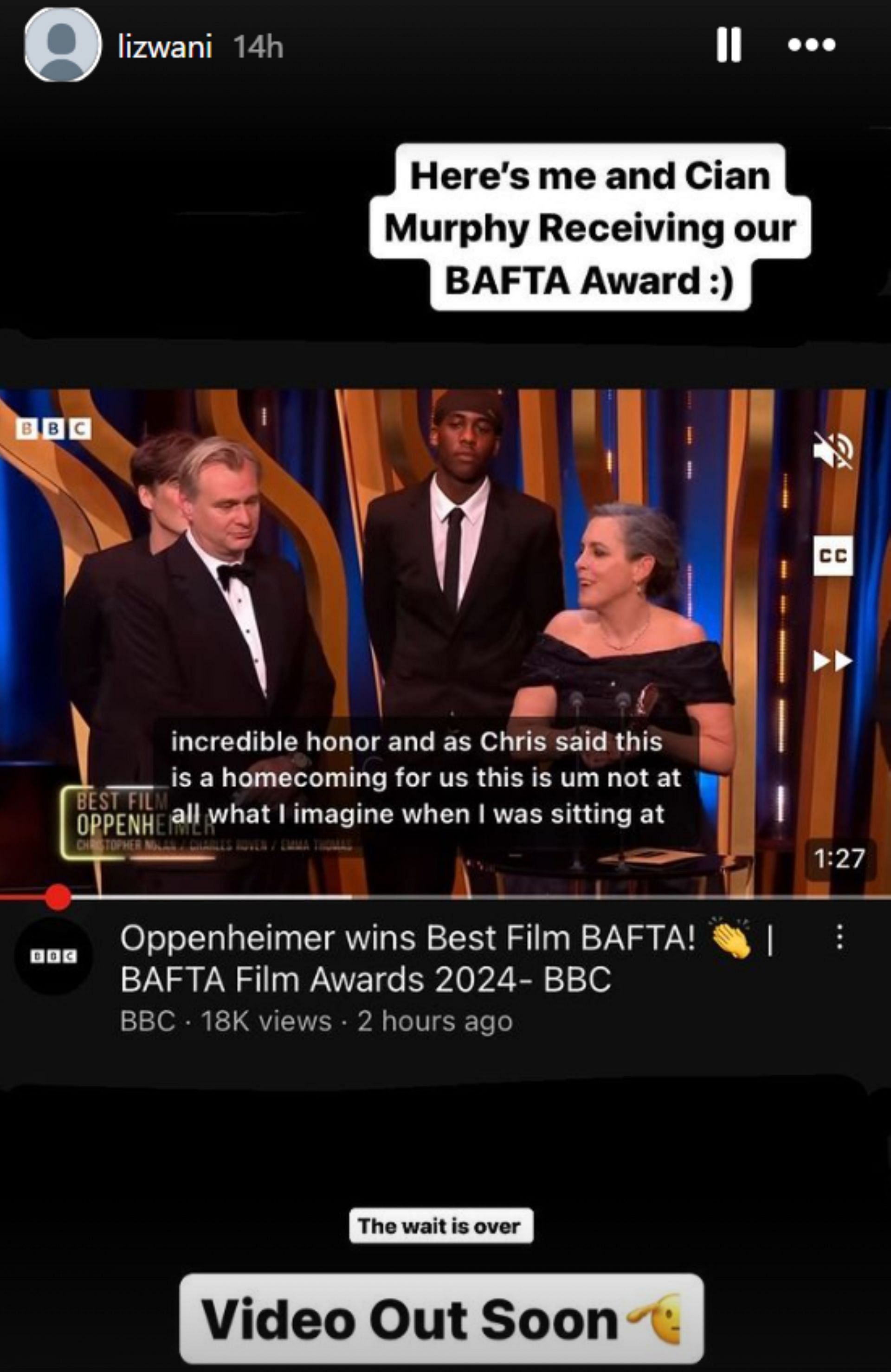 Lizwani&#039;s Instagram story about breaching the BAFTA stage (Image via Instagram)