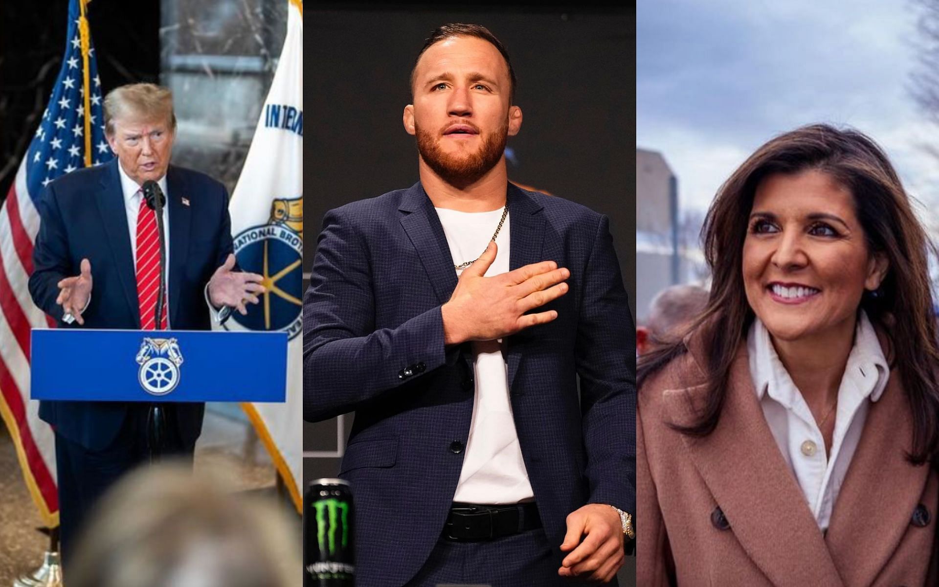 Justin Gaethje (center) fires back at Nikki Haley (right) in seeming support of Donald Trump (left) [Photo Courtesy @justin_gaethje, @realdonaldtrump and @nikkihaley on Instagram]