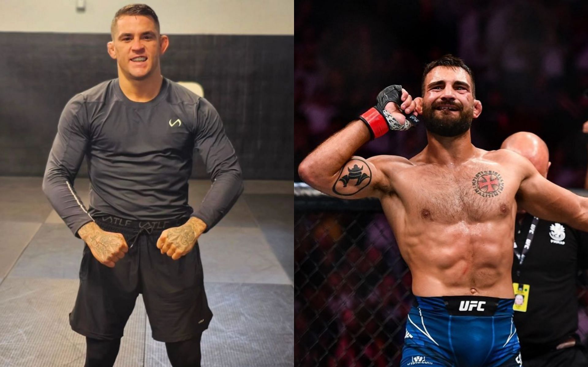 Dustin Poirier (left) apologizes for false fight cancellation announcement in matchup with Benoit Saint-Denis (right) at UFC 299 [Photo Courtesy @dustinpoirier and @benoitst_denis on Instagram]