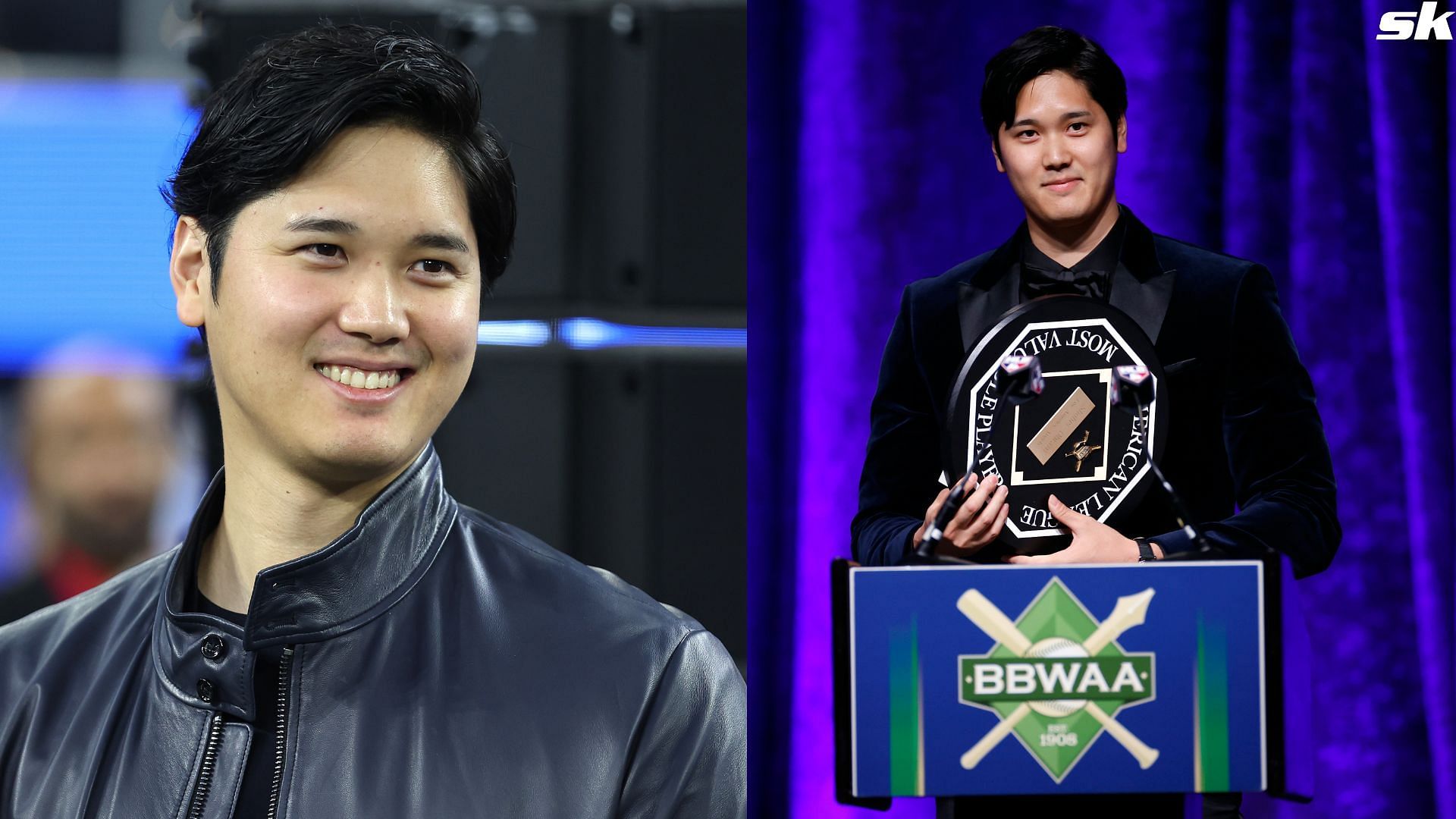 MLB player Shohei Ohtani speaks to the crowd after receiving the American League Most Valuable Player award during the 2024 BBWAA Awards Dinner at New York 