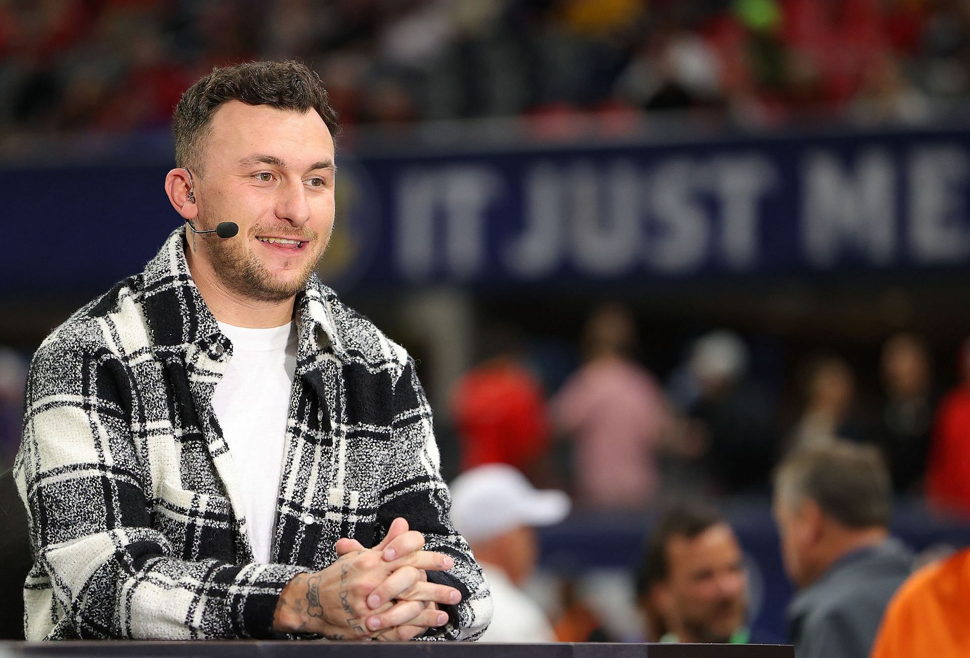 Quarterback Johnny Manziel talks before the SEC championship game.