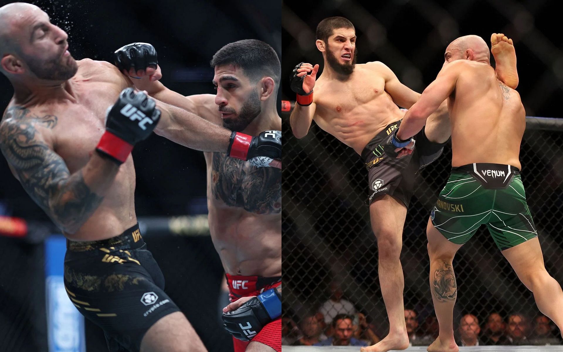 Alexander Volkanovski denies his KO loss to Islam Makhachev (right) had lingering effects against Ilia Topuria (left) [Images Courtesy: @GettyImages]
