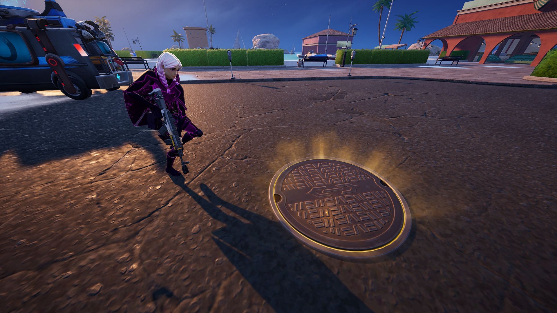 Interact with glowing manholes to travel through Sewer Pipes in different matches in Fortnite. (Image via Epic Games)